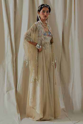 Buy_Aseem Kapoor_Beige Organza Open Neck Veni Embroidered Jumpsuit And Jacket _Online_at_Aza_Fashions