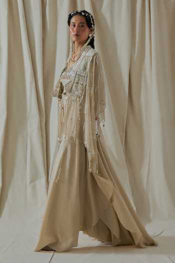 Shop_Aseem Kapoor_Beige Organza Open Neck Veni Embroidered Jumpsuit And Jacket _Online_at_Aza_Fashions