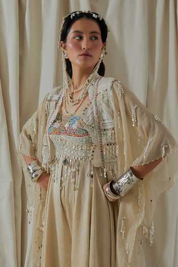 Aseem Kapoor_Beige Organza Open Neck Veni Embroidered Jumpsuit And Jacket _at_Aza_Fashions