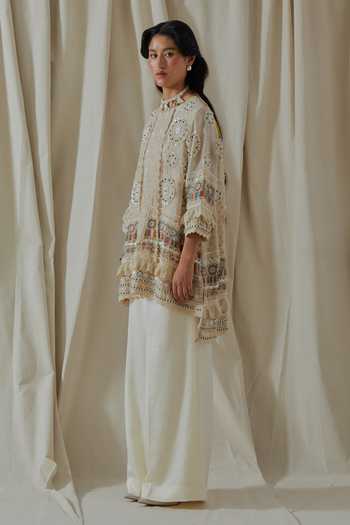 Buy_Aseem Kapoor_White Organza, Silk High Neck Mitra Embroidered Short Kurta And Palazzo Set _Online_at_Aza_Fashions