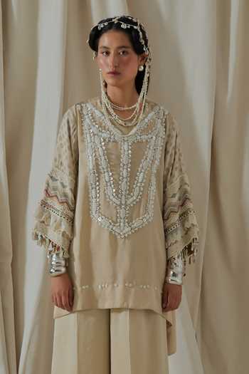 Shop_Aseem Kapoor_Beige Silk Round Neck, Yes Mitra Embroidered Kurta And Palazzo Set _Online_at_Aza_Fashions