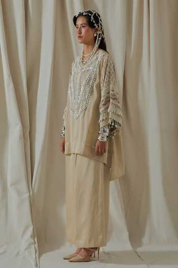 Aseem Kapoor_Beige Silk Round Neck, Yes Mitra Embroidered Kurta And Palazzo Set _at_Aza_Fashions