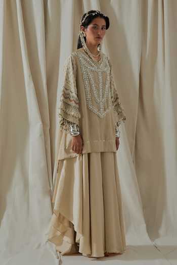 Buy_Aseem Kapoor_Beige Silk Round Neck Mitra Yoke Embroidered Kurta And Skirt Set _Online_at_Aza_Fashions