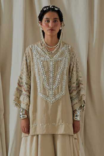 Shop_Aseem Kapoor_Beige Silk Round Neck Mitra Yoke Embroidered Kurta And Skirt Set _Online_at_Aza_Fashions