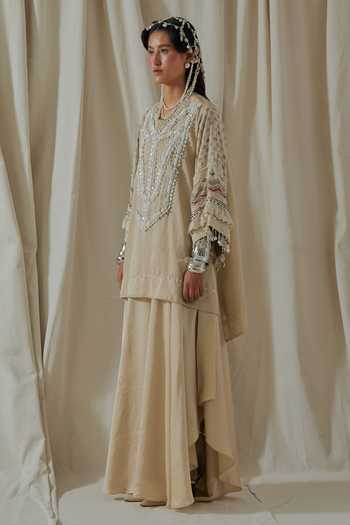 Aseem Kapoor_Beige Silk Round Neck Mitra Yoke Embroidered Kurta And Skirt Set _at_Aza_Fashions