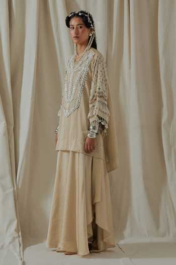Buy_Aseem Kapoor_Beige Silk Round Neck Mitra Yoke Embroidered Kurta And Skirt Set 
