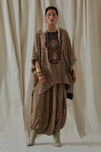 Aseem Kapoor_Beige Crepe Round Neck Kuru Trapeze Printed Kurta And Dhoti Pant Set _Online_at_Aza_Fashions