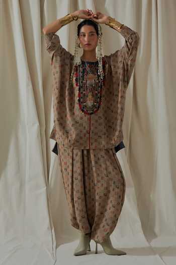 Buy_Aseem Kapoor_Beige Crepe Round Neck Kuru Trapeze Printed Kurta And Dhoti Pant Set 