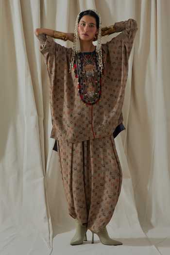 Shop_Aseem Kapoor_Beige Crepe Round Neck Kuru Trapeze Printed Kurta And Dhoti Pant Set 