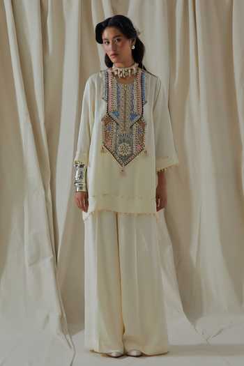 Buy_Aseem Kapoor_White Silk Embroidery, Beads, Tassels Round Mitra Placement Kurta And Palazzo Set _Online_at_Aza_Fashions