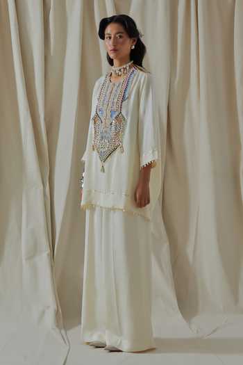 Aseem Kapoor_White Silk Embroidery, Beads, Tassels Round Mitra Placement Kurta And Palazzo Set _at_Aza_Fashions