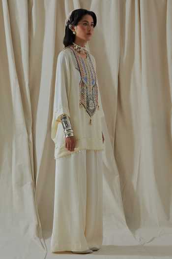 Shop_Aseem Kapoor_White Silk Embroidery, Beads, Tassels Round Mitra Placement Kurta And Palazzo Set 