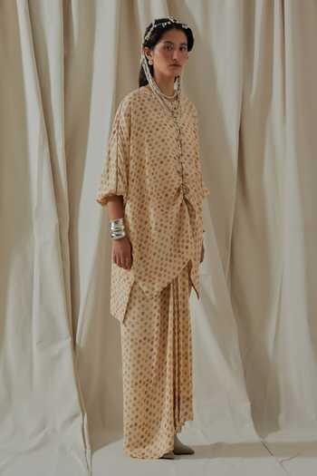 Shop_Aseem Kapoor_Beige Crepe Round Neck Printed Kurta And Skirt Set _Online_at_Aza_Fashions