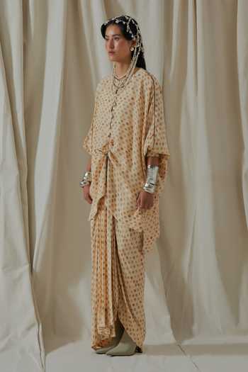 Aseem Kapoor_Beige Crepe Round Neck Printed Kurta And Skirt Set _at_Aza_Fashions