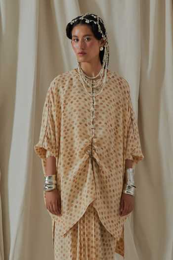 Buy_Aseem Kapoor_Beige Crepe Round Neck Printed Kurta And Skirt Set 
