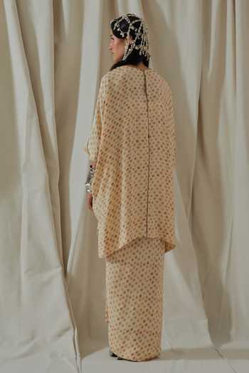 Buy_Aseem Kapoor_Beige Crepe, Silk, Cotton, Satin Round Zuri Resham Embroidered Gilet And Kurta Set _Online_at_Aza_Fashions