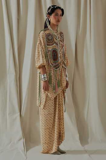 Aseem Kapoor_Beige Crepe, Silk, Cotton, Satin Round Zuri Resham Embroidered Gilet And Kurta Set _at_Aza_Fashions
