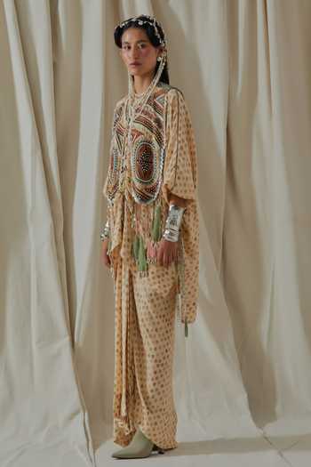Buy_Aseem Kapoor_Beige Crepe, Silk, Cotton, Satin Round Zuri Resham Embroidered Gilet And Kurta Set 