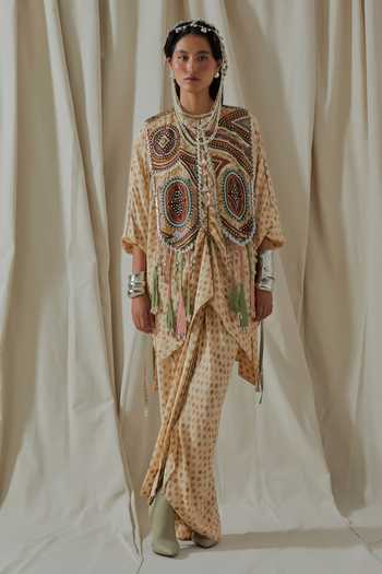 Shop_Aseem Kapoor_Beige Crepe, Silk, Cotton, Satin Round Zuri Resham Embroidered Gilet And Kurta Set 