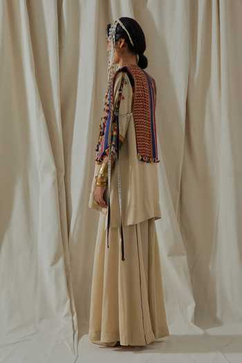 Aseem Kapoor_Beige Silk, Satin Split V-, Open Zuri Embroidered Gilet Trouser Set _at_Aza_Fashions