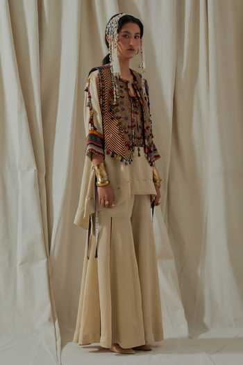 Shop_Aseem Kapoor_Beige Silk, Satin Split V-, Open Zuri Embroidered Gilet Trouser Set 