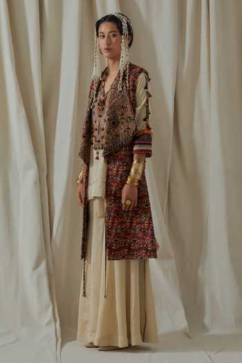 Buy_Aseem Kapoor_Beige Twill, Silk Open Neck, Hina Embroidered Trench Coat Sharara Set 