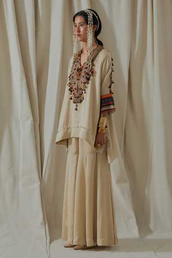 Buy_Aseem Kapoor_Beige Silk V-neck, Yes Mitra Yoke Embroidered Kurta Sharara Set _Online_at_Aza_Fashions