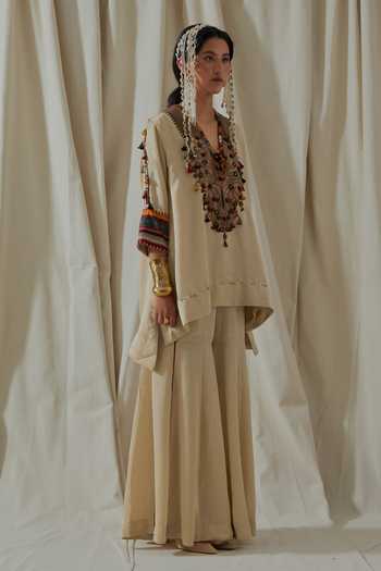Shop_Aseem Kapoor_Beige Silk V-neck, Yes Mitra Yoke Embroidered Kurta Sharara Set _Online_at_Aza_Fashions