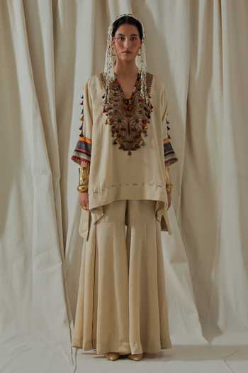 Shop_Aseem Kapoor_Beige Silk V-neck, Yes Mitra Yoke Embroidered Kurta Sharara Set 