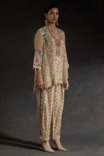 Aseem Kapoor_Beige Silk, Crepe Round Neck, Yes Mitra Printed Short Kurta And Trouser Set _Online_at_Aza_Fashions