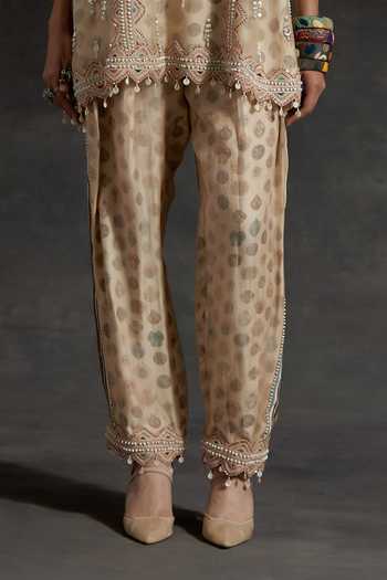 Buy_Aseem Kapoor_Beige Silk, Crepe Round Neck, Yes Mitra Printed Short Kurta And Trouser Set _Online_at_Aza_Fashions