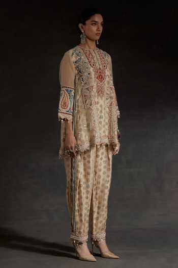 Shop_Aseem Kapoor_Beige Silk, Crepe Round Neck, Yes Mitra Printed Short Kurta And Trouser Set _Online_at_Aza_Fashions