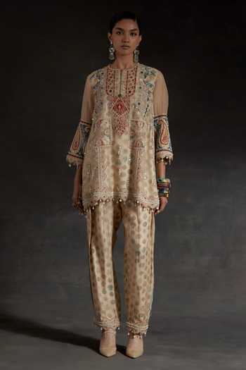 Aseem Kapoor_Beige Silk, Crepe Round Neck, Yes Mitra Printed Short Kurta And Trouser Set _at_Aza_Fashions