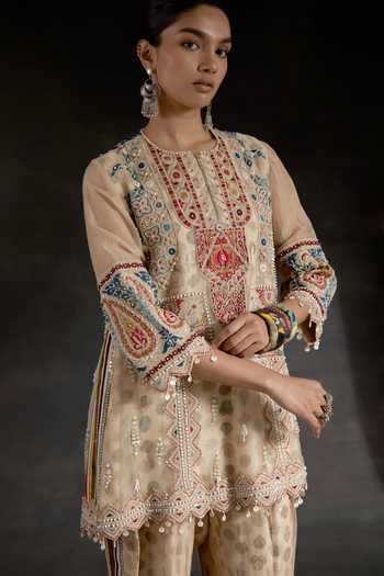 Buy_Aseem Kapoor_Beige Silk, Crepe Round Neck, Yes Mitra Printed Short Kurta And Trouser Set 