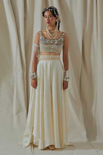 Buy_Aseem Kapoor_White Silk, Net Scoop Neck Kalpa Embroidered Blouse And Skirt Set _Online_at_Aza_Fashions