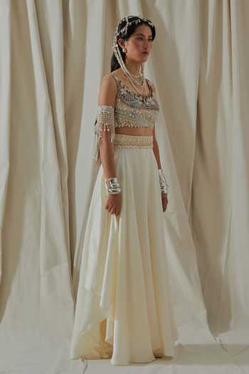 Buy_Aseem Kapoor_White Silk, Net Scoop Neck Kalpa Embroidered Blouse And Skirt Set 