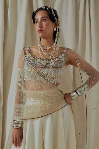 Shop_Aseem Kapoor_White Silk, Net Scoop Neck Kalpa Embroidered Blouse And Skirt Set 