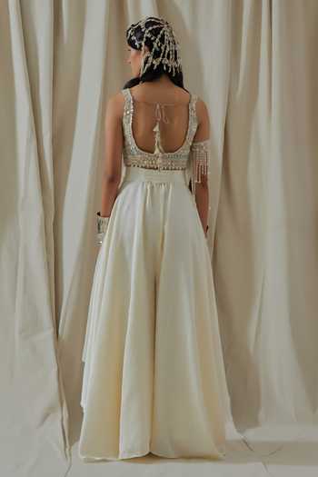 Buy_Aseem Kapoor_White Silk, Net, Organza Scoop Neck Kalpa Embroidered Blouse Skirt Set _Online_at_Aza_Fashions