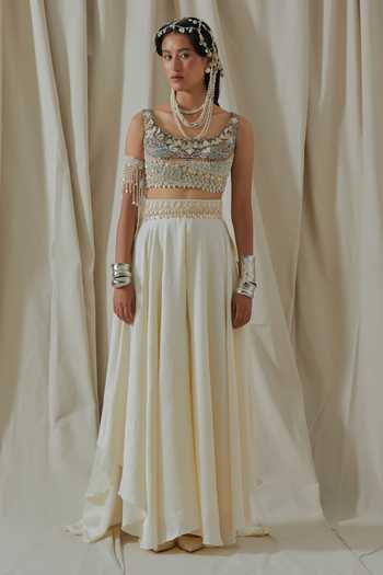 Aseem Kapoor_White Silk, Net, Organza Scoop Neck Kalpa Embroidered Blouse Skirt Set _at_Aza_Fashions