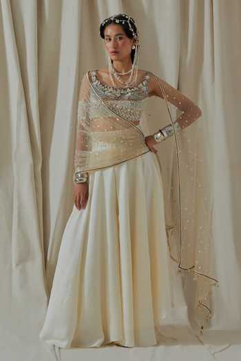 Buy_Aseem Kapoor_White Silk, Net, Organza Scoop Neck Kalpa Embroidered Blouse Skirt Set 