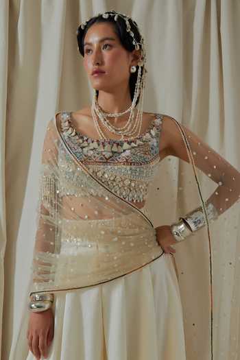 Shop_Aseem Kapoor_White Silk, Net, Organza Scoop Neck Kalpa Embroidered Blouse Skirt Set 