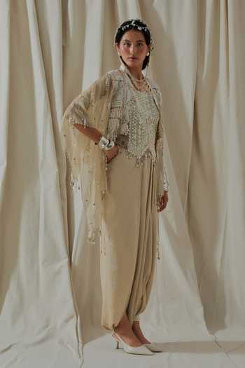 Aseem Kapoor_White Satin, Net Beads, Pearls, Mirrors, Tassels Square Bhumi Embroidered Corset _at_Aza_Fashions