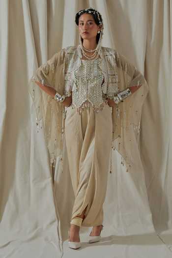 Shop_Aseem Kapoor_White Satin, Net Beads, Pearls, Mirrors, Tassels Square Bhumi Embroidered Corset 