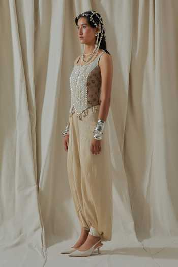 Aseem Kapoor_Beige Satin, Net, Silk Embroidery, Beads, Tassels Bhumi Corset And Dhoti Pant Set _Online_at_Aza_Fashions