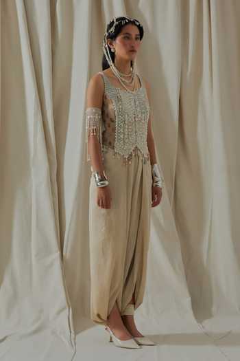 Buy_Aseem Kapoor_Beige Satin, Net, Silk Embroidery, Beads, Tassels Bhumi Corset And Dhoti Pant Set _Online_at_Aza_Fashions