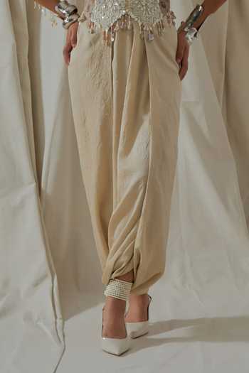 Shop_Aseem Kapoor_Beige Satin, Net, Silk Embroidery, Beads, Tassels Bhumi Corset And Dhoti Pant Set _Online_at_Aza_Fashions