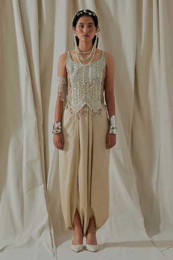 Aseem Kapoor_Beige Satin, Net, Silk Embroidery, Beads, Tassels Bhumi Corset And Dhoti Pant Set _at_Aza_Fashions