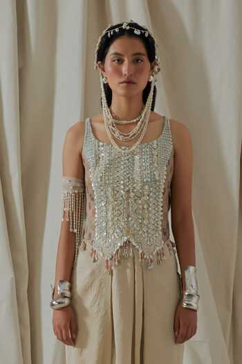 Buy_Aseem Kapoor_Beige Satin, Net, Silk Embroidery, Beads, Tassels Bhumi Corset And Dhoti Pant Set 