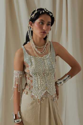 Shop_Aseem Kapoor_Beige Satin, Net, Silk Embroidery, Beads, Tassels Bhumi Corset And Dhoti Pant Set 
