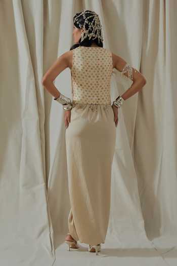 Buy_Aseem Kapoor_Beige Organza, Silk, Satin, Net Square Veni Embroidered Jacket Dhoti Pant Set _Online_at_Aza_Fashions